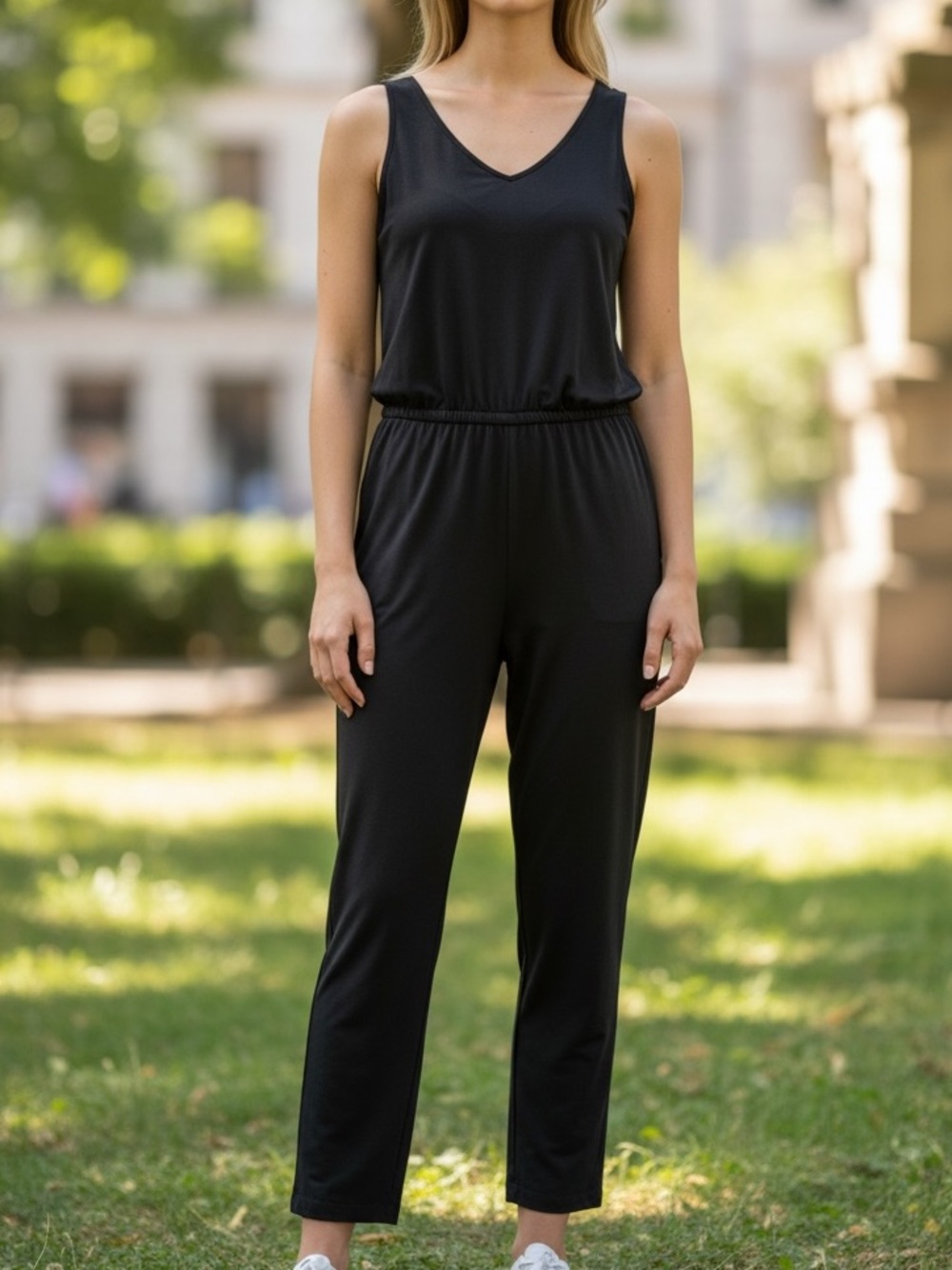 Sansara Black Soft Sleeveless Jumpsuit with Pockets & Elastic Adjustable Waist S